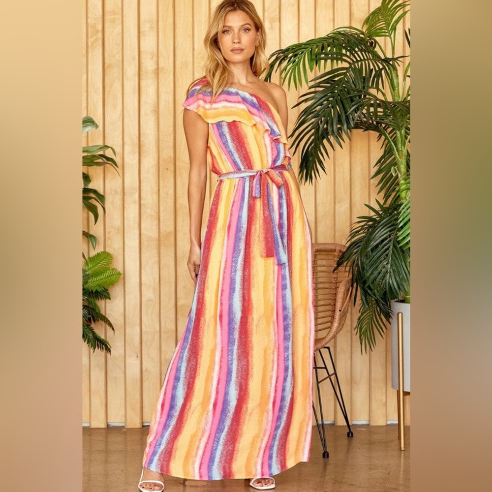 One-Shoulder Rainbow Stripe Maxi Dress in Yellow Pink Blue